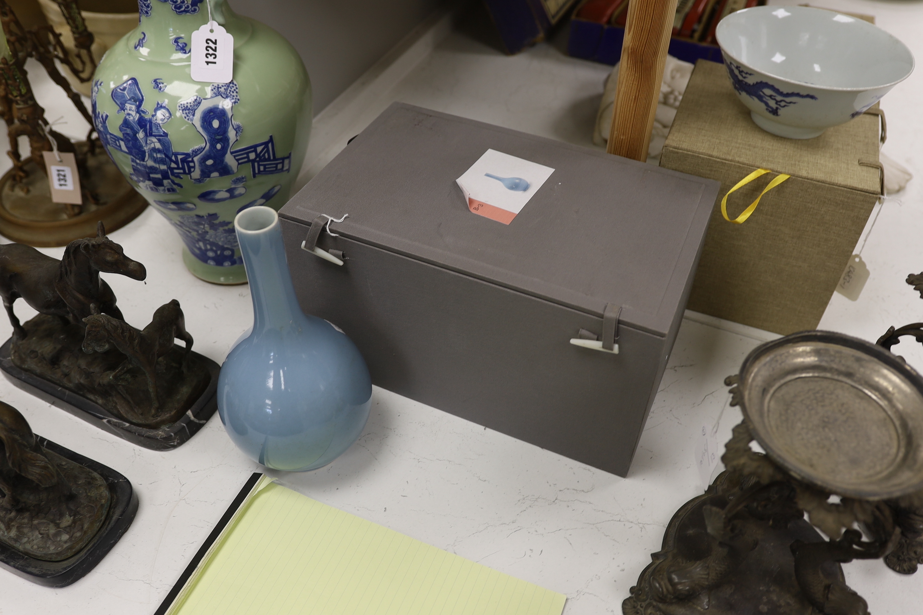 A Chinese Claire du lune glazed bottle vase, housed in a fitted case, 27cm high